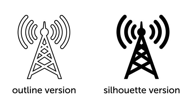 Radio Tower Iconography: Two distinct representations of a radio transmission tower, one as a clean outline and the other as a solid silhouette, broadcasting signals.