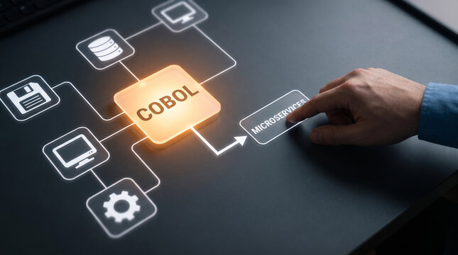 Professional software developer touching a glowing digital interface button about cobol and modern microservices integration strategy