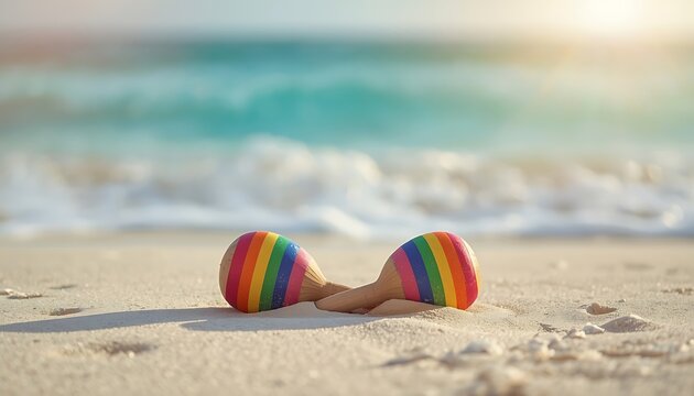 Colorful maracas on a sandy beach. Musical instruments for a tropical summer vacation.