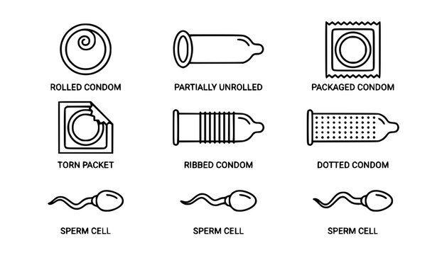 Condom and sperm vector icon set with flat line art illustrations of safe sex and contraception concepts