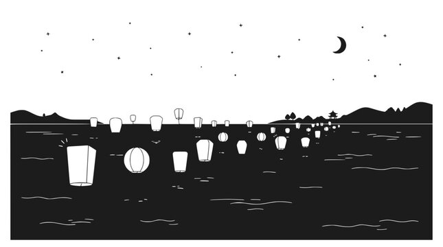 Floating Lanterns at Night, Traditional Festival, Crescent Moon, Starry Sky