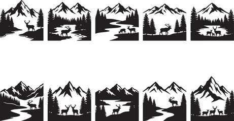 Obraz premium Set of ten black and white mountain landscape silhouettes featuring deer wildlife and pine forest scenes vector illustration