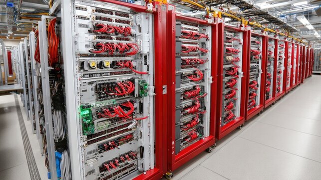Server Room Technology: Rows of modern server racks filled with complex electronic components and vibrant red wiring line a spacious room.