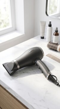 Compact hair dryer in a bright modern bathroom, daily hairstyling routine, beauty care, wellness lifestyle, personal grooming.
