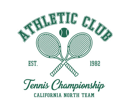  Athletic tennis club t-shirt design. College style tee shirt with tennis ball. Sport apparel print. Vector illustration. New York tennis league graphic print design. Racket tournament. Tennis college