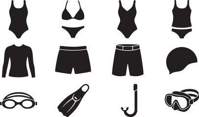 A collection of black silhouette representing swimming and beach gear, including various styles of swimsuits, trunks, a swim cap, goggles, flippers, and a snorkel mask on a white background © Mollah