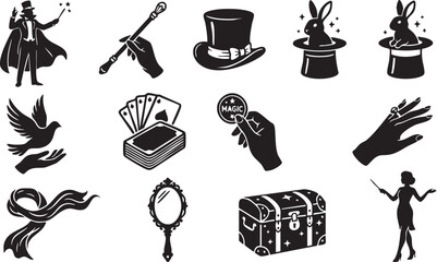 Black and white magic set featuring a magician, hat, rabbit, playing cards, dove, magic wand, hand holding a coin, ornate mirror, treasure chest, and a female magician silhouette © Mollah