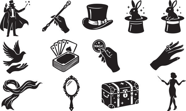 Black and white magic set featuring a magician, hat, rabbit, playing cards, dove, magic wand, hand holding a coin, ornate mirror, treasure chest, and a female magician silhouette
