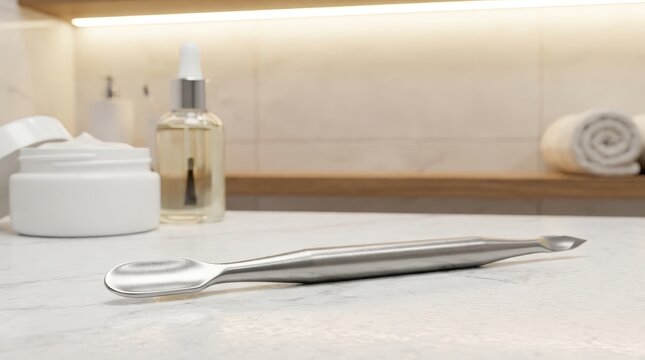 Professional cuticle pusher on a bathroom counter, manicure routine, personal grooming, beauty care, self care essentials.