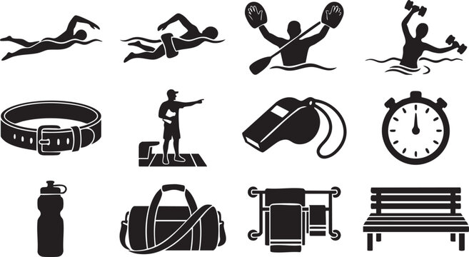 Set of black silhouette depicting swimming activities, sports equipment, a coach, a whistle, a stopwatch, a water bottle, a gym bag, towels on a rack, and a wooden park bench