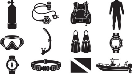 Set of black silhouette for scuba diving equipment, including oxygen tank, regulator, buoyancy vest, wetsuit, mask, snorkel, fins, dive computer, compass, weight belt, flag, and motorboat © Mollah