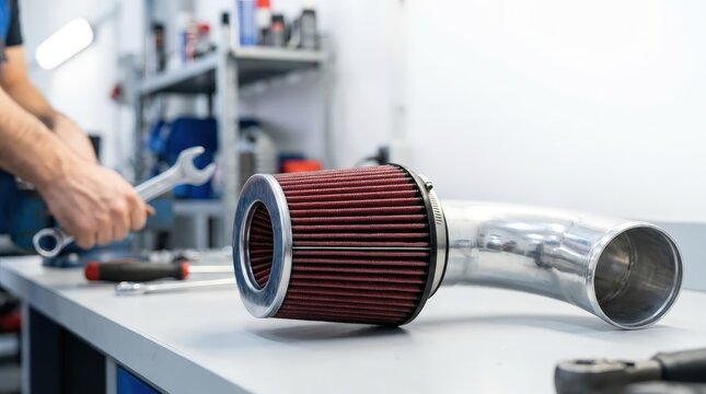 High performance engine air filter in an automotive workshop, vehicle maintenance, engine protection, professional repair service.
