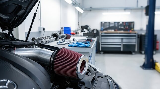 High performance engine air filter in an automotive workshop, vehicle maintenance, engine protection, professional repair service.