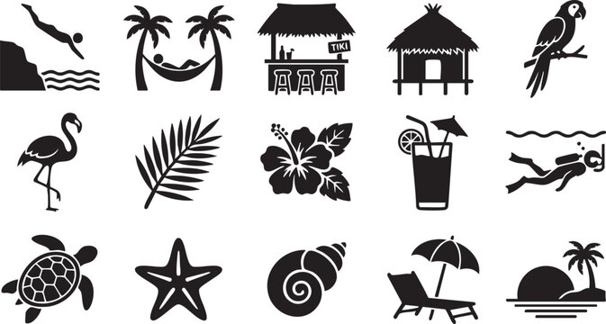 Set of black tropical vacation and summer beach featuring a diver, tiki bar, parrot, flamingo, hibiscus flower, cocktail, sea turtle, starfish, seashell, and palm tree sunset silhouette