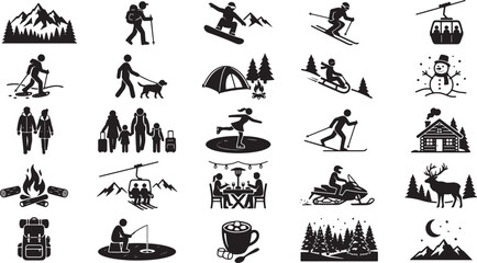 Obraz premium Set of winter vacation icons featuring outdoor activities travel scenes and seasonal recreation elements in a flat black vector
