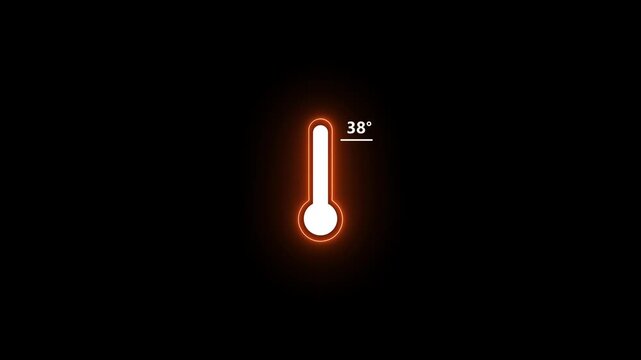 abstract glowing digital thermometer icon animation showing 38 degrees celsius, minimalist temperature gauge for medical and weather data visualization on black background 4k