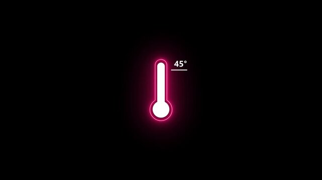 abstract glowing neon thermometer icon animation rising to 45 degrees celsius, digital heat temperature gauge display on black background for weather and medical concept 4k