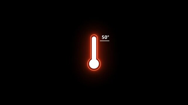 Neon thermometer icon animation showing temperature level 50 degrees celsius on black background, heat weather