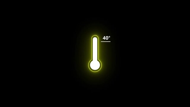 abstract neon glowing thermometer icon animation showing 40 degrees celsius on black background, digital temperature gauge and heat weather concept 4k