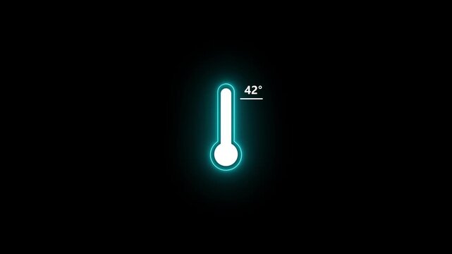 abstract neon thermometer animation rising to 42 degrees celsius, digital temperature gauge for weather and medical fever concept 4k