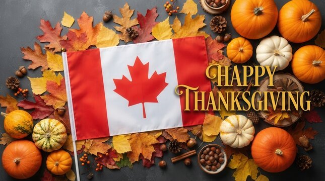 Festive canadian thanksgiving day celebration background featuring vibrant autumn maple leaves assorted pumpkins plus national flag flat lay composition top view holiday seasonal decor