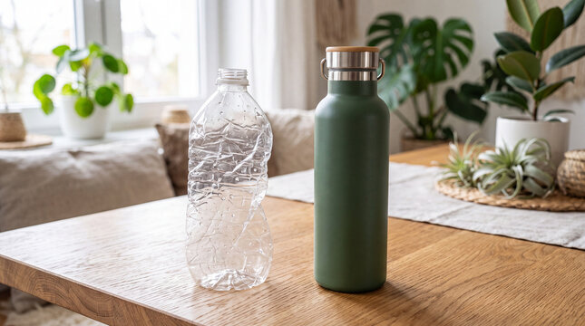 Crushed disposable PET bottle next to modern reusable bottle on wooden table, visual comparison of plastic waste and sustainable hydration choices
