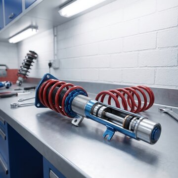 Automotive suspension strut components displayed in a repair workshop, vehicle suspension maintenance, replacement parts, professional service.