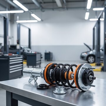 Automotive suspension strut components displayed in a repair workshop, vehicle suspension maintenance, replacement parts, professional service.