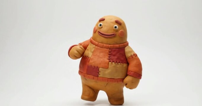 Claymation style handmade character standing against white background clay