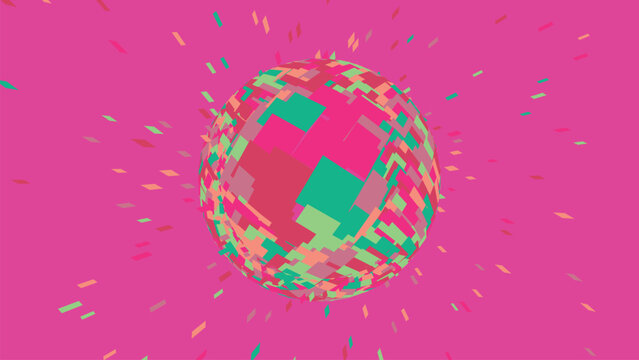 Surreal sphere composed of tiny colorful geometric square particles exploding outward against vibrant pink backdrop for futuristic space art display.