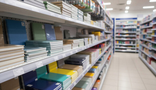 Stationery store shelves stocked with notebooks and school supplies.