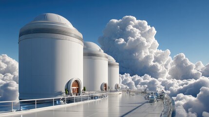 Fototapeta premium Future Cityscape: Futuristic white domed structures perch atop fluffy clouds, symbolizing innovation and progress in a utopian sky city.