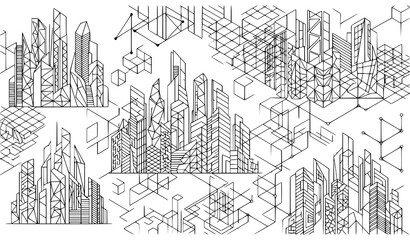 Fototapeta premium Futuristic Geometric Architecture Line Art Vector Background with Abstract Buildings and Digital Construction Elements