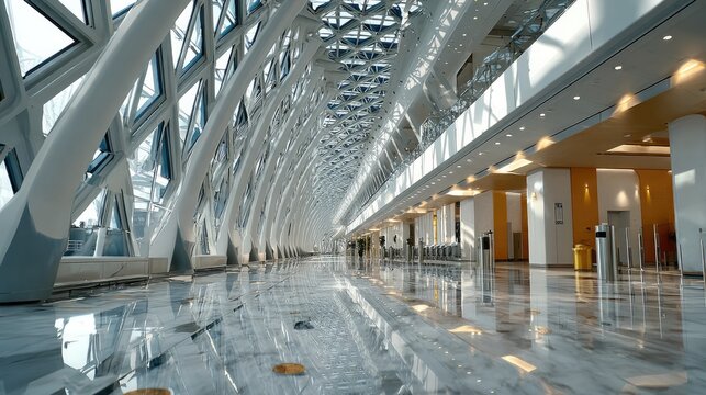 Modern Architectural Marvel: An expansive interior showcases futuristic architectural design with a distinctive ribbed ceiling and reflective flooring, leading towards distant figures in a grand.