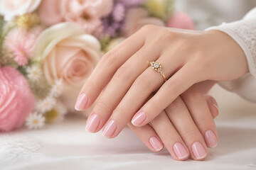Fototapeta premium A close-up of a person's hands wearing an engagement ring, set against a soft background of light pink and white flowers.