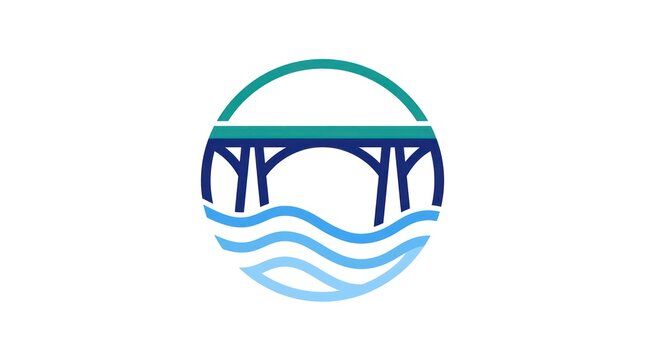 Modern Circular Logo Design Featuring a Bridge Over Stylized Water Waves
