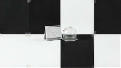 Obraz premium Minimalist scene: calendar and glass dome on black-white checkered background.