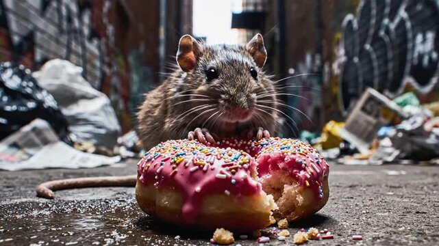 Wild rat eating sweet donut in grimy urban alley