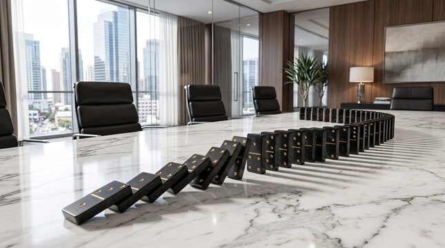 Modern Office with Dominoes Illustrating Business Strategy Impact