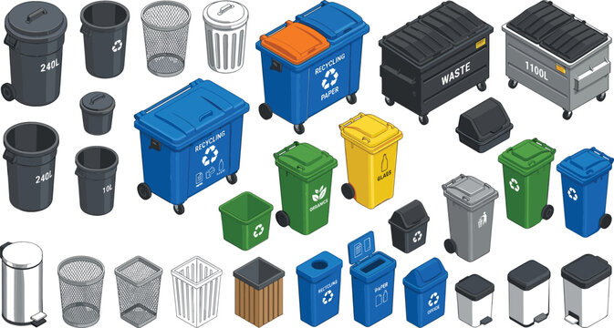 Isometric waste management vector icon set featuring colorful recycling bins garbage dumpsters trash cans and office baskets