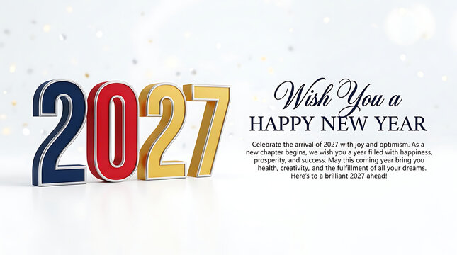 Three dimensional 2027 text with festive holiday greeting on a white background for a happy new year celebration