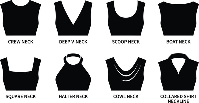 Neckline Types Vector Icons Set Including Crew Neck Deep V Neck Scoop Neck And Halter Neck