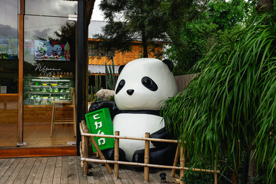 KANCHANABURI, THAILAND - JUNE 12, 2026: A large cute giant panda statue holding green heart balloons on wooden deck with lush green ivy wall background at CHAN nature cafe (local tourist attraction).
