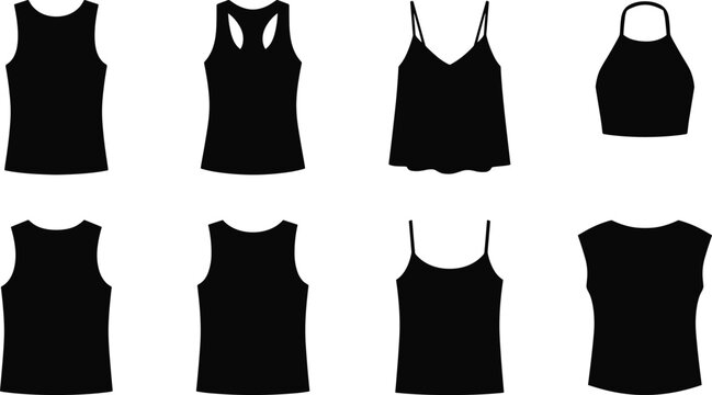 Tank Top And Sleeveless Shirt Vector Silhouette Icons Set Including Racerback Camisole And Halter