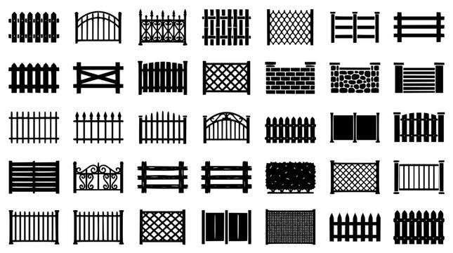 Decorative Fence Monochrome Icons Set with Wooden Metal Garden and Security Fence Vector Collection