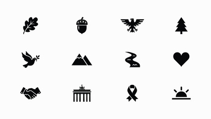 Obraz premium Black and white minimalist symbols set with each depicting distinct concepts nature social themes clean white background collection nine minimalist