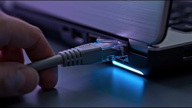 Person plugging grey ethernet cable into laptop port
