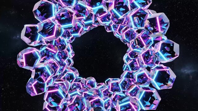 Animated abstract hexagonal prism swarm rotating and floating