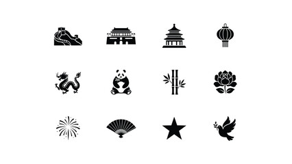 Obraz premium Elegant black and white cultural symbols icon set with highlighting traditional architectural architectural landmarks mythical showcases minimalist black