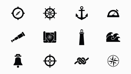 Fototapeta premium Vintage navigation and maritime exploration icon set for travel with displays collection twelve stylized black white icons representing classic nautical exploration tools